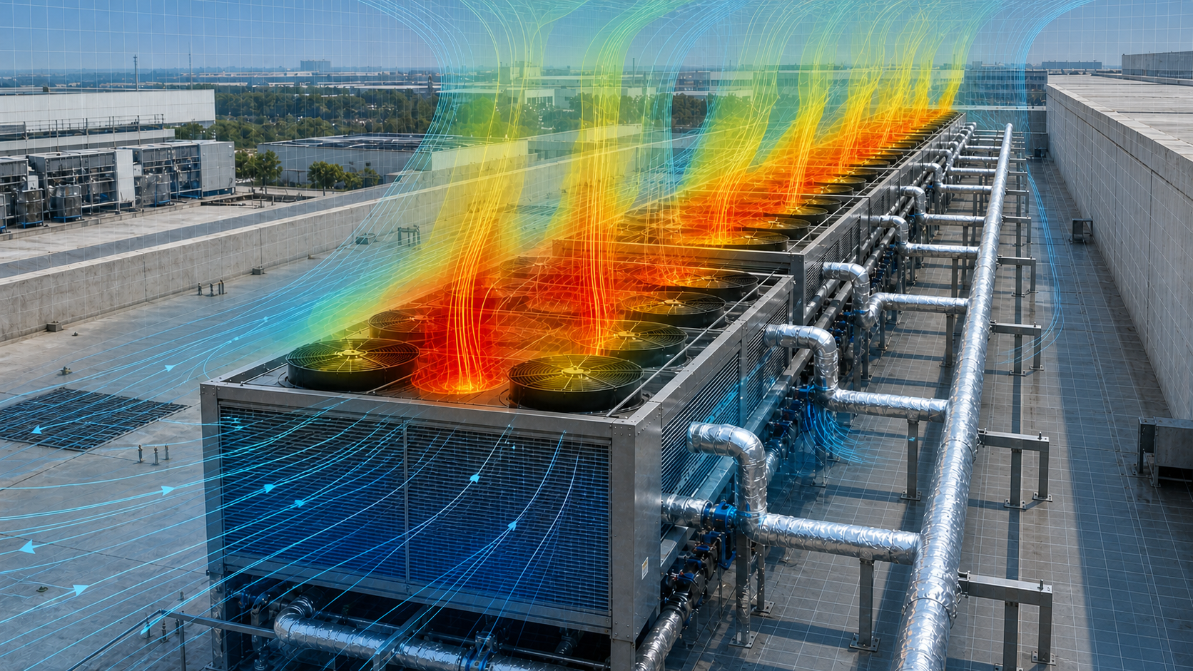 Rooftop chillers with digital CFD heat-rejection contours